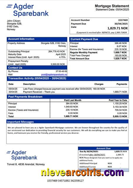 Norway Agder Sparebank mortgage statement Word and PDF template